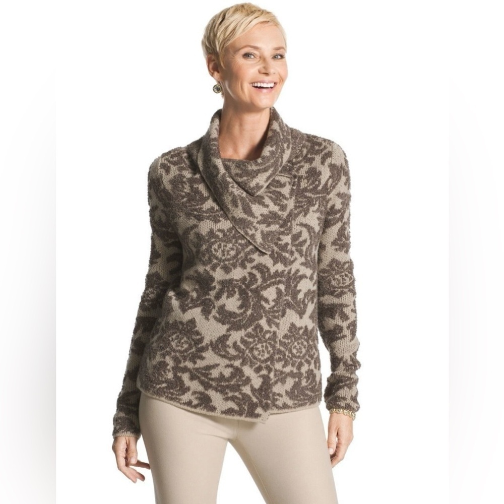 Chico's Gray Floral Jacquard Cowl Neck Metallic Open Front Cardigan Size 1
